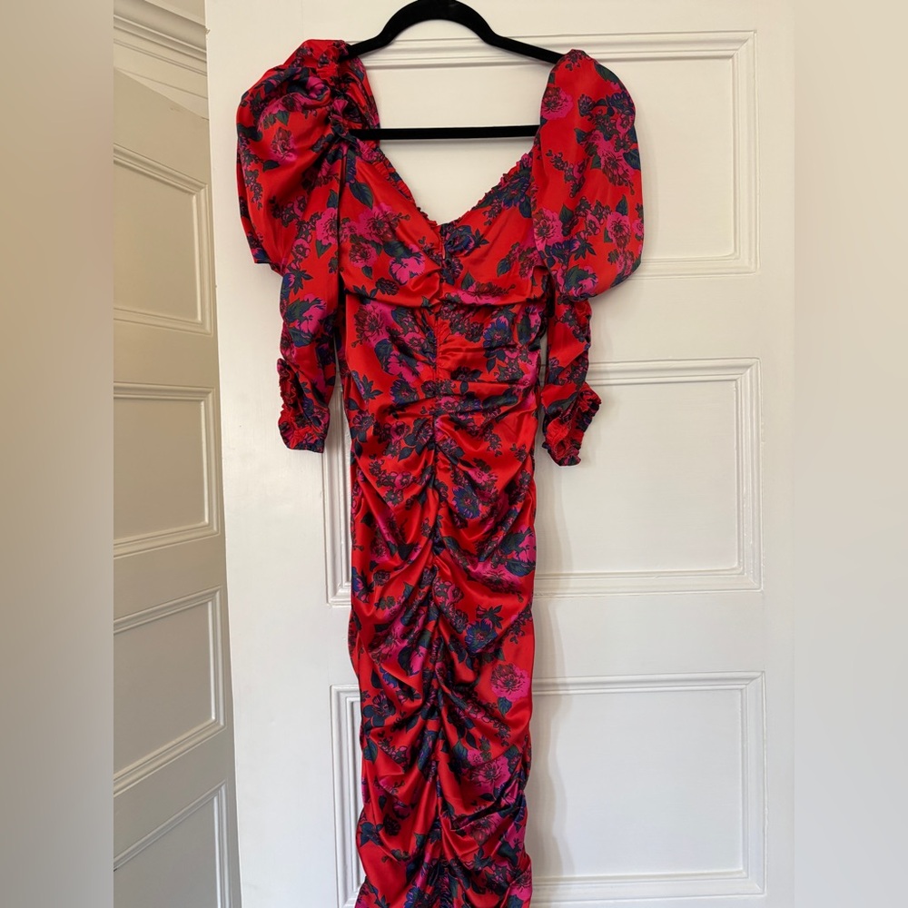 For Love and Lemons Red Floral Ruched Midi Dress with Puff Sleeves